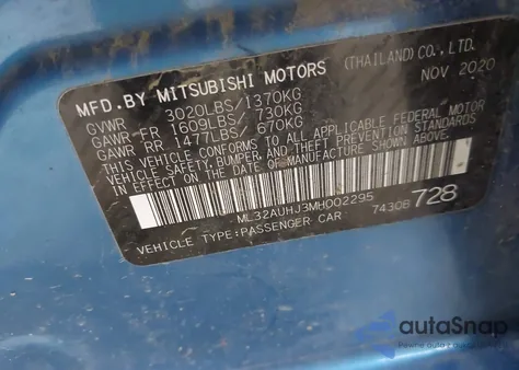 2021 Mitsubishi Mirage Carbonite Edition/Es/Le from USA, damaged, VIN ML32AUHJ3MH002295